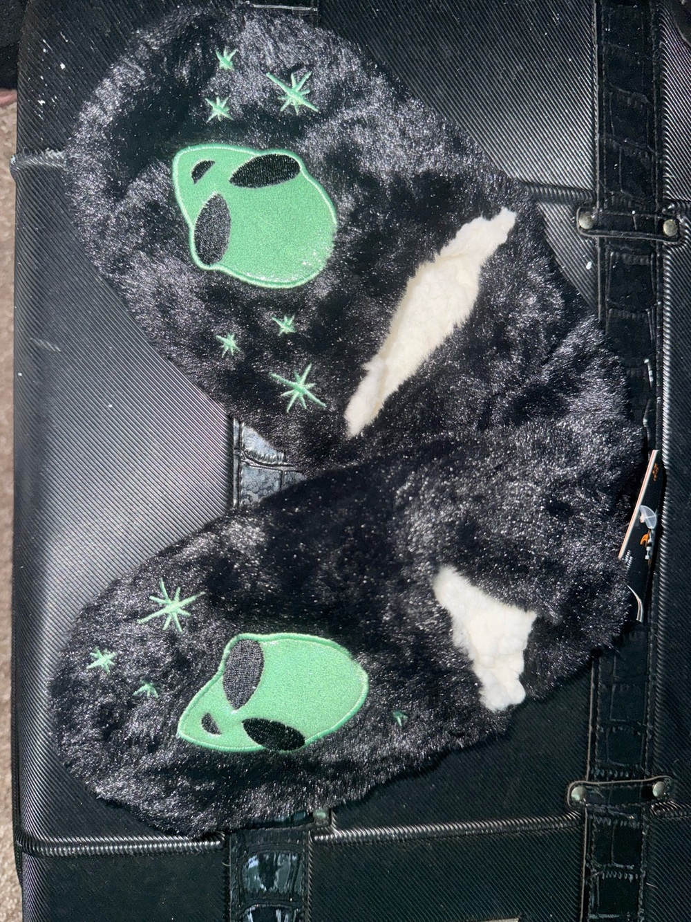Kids Black Faux Fur Sleep Mask with Green Alien Appliqué